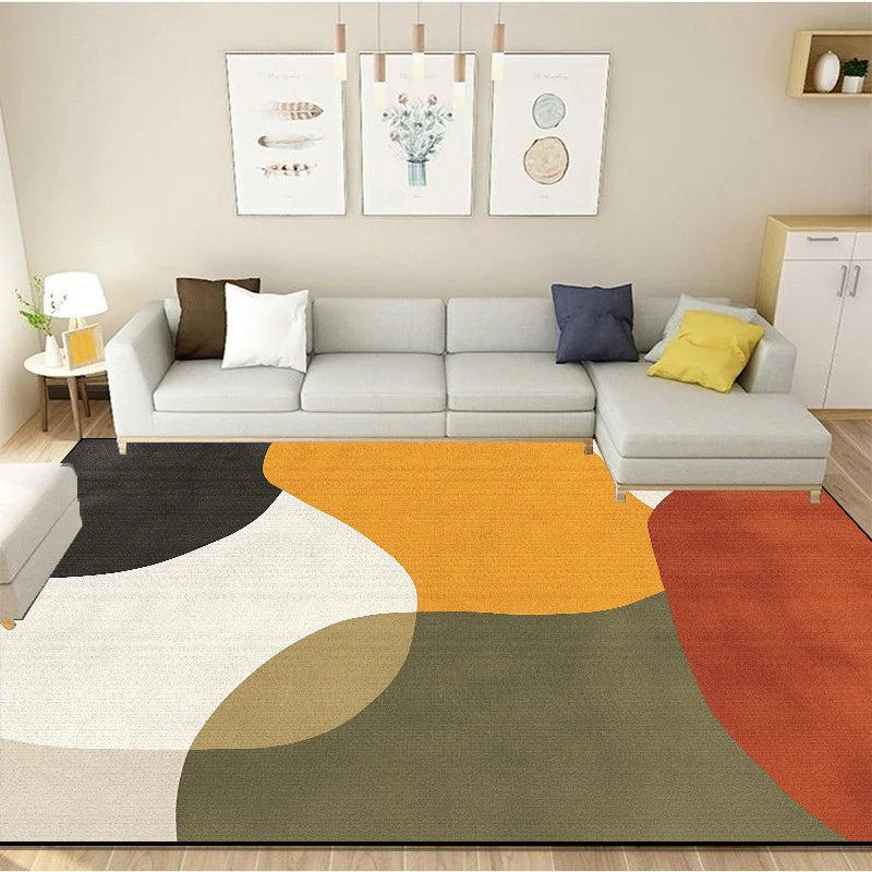 Ce salon chaleureux et harmonieux met en valeur des couleurs chaudes et des formes géométriques pour créer une ambiance apaisante et accueillante.