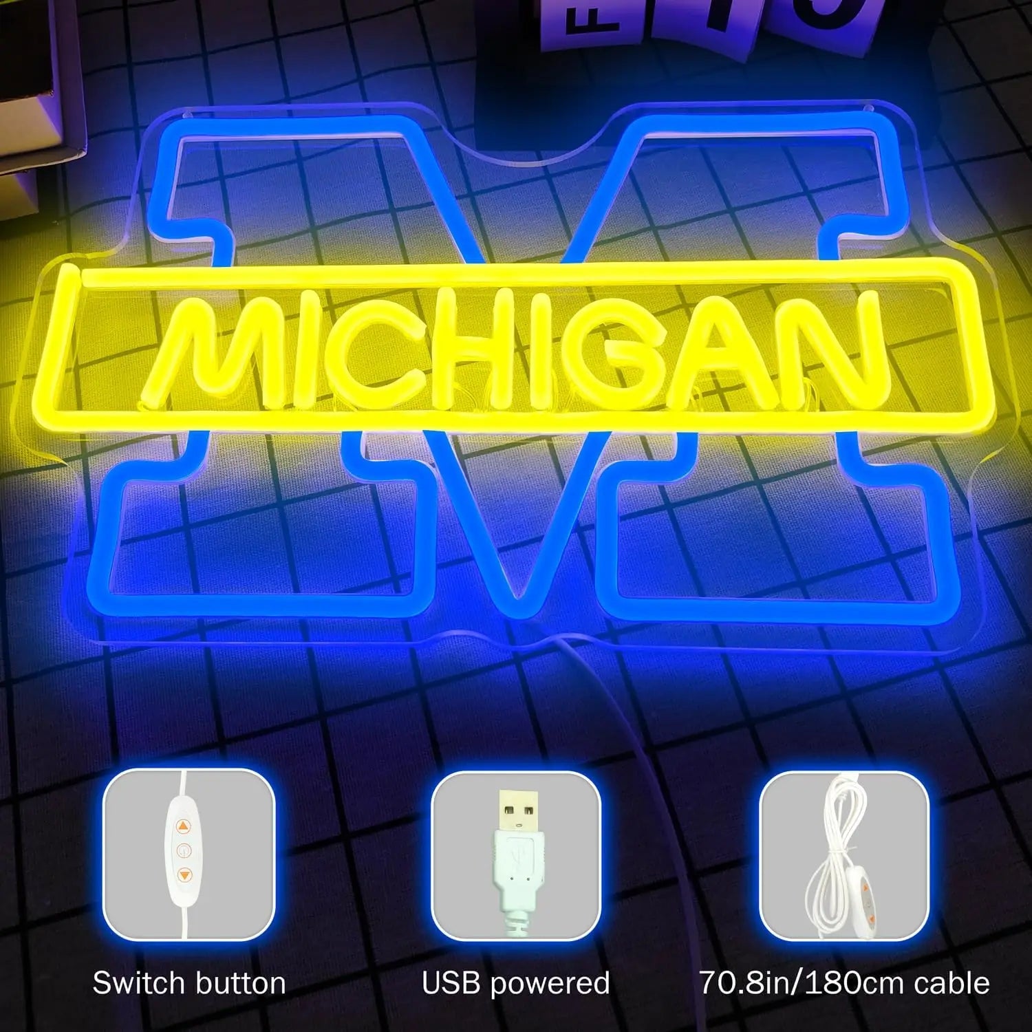 Enseigne LED Michigan avec éclairage bleu dans une chambre à coucher