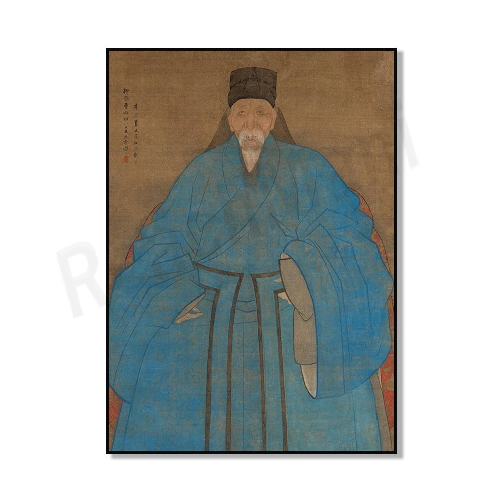 Une peinture traditionnelle chinoise représentant un sage vêtu d'une longue robe bleue ornementée.