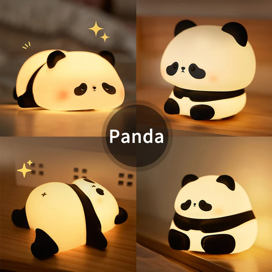 Veilleuse LED Panda en silicone sur table de chevet blanche
