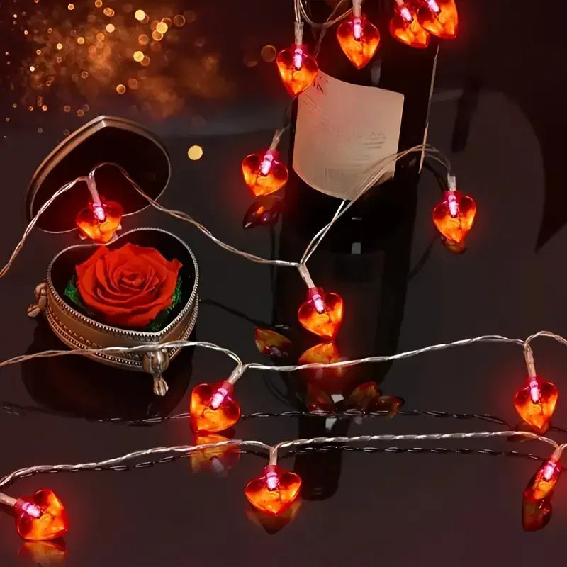 Détail des cœurs lumineux rouges de la guirlande LED
