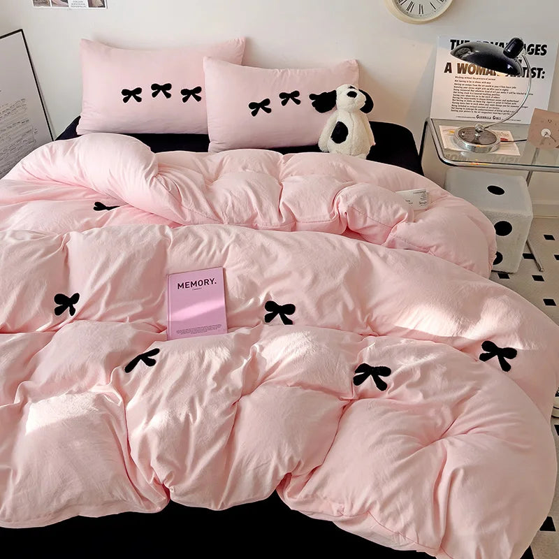 Housse de couette broderie nœud noir ensemble 3 pièces