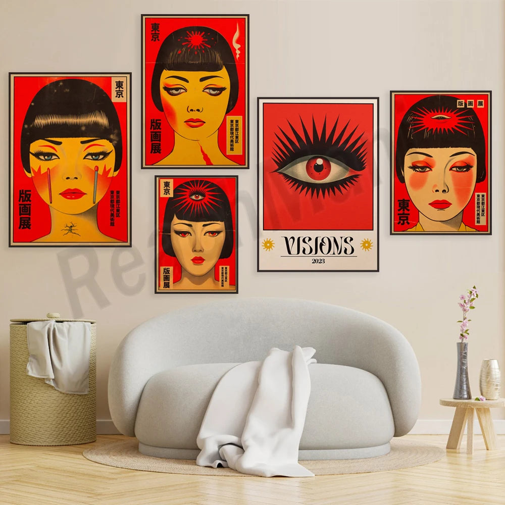 Cette sélection d'affiches colorées et graphiques présente des représentations stylisées de visages féminins avec des éléments ésotériques et orientaux, créant une ambiance visuelle intrigante et mystérieuse.