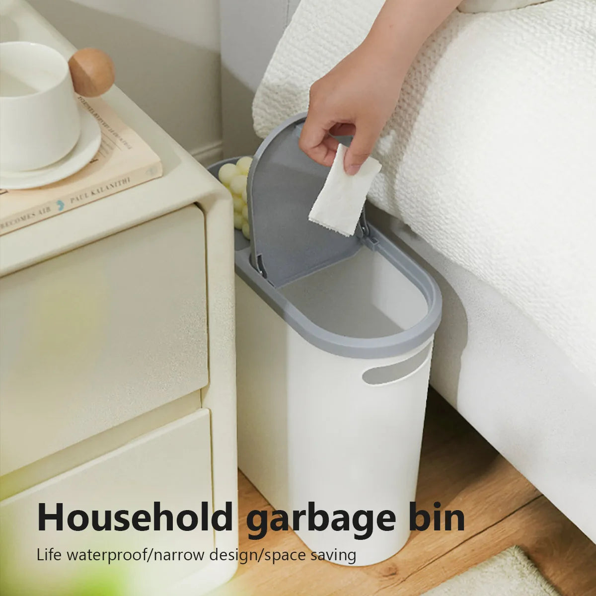 Poubelle salle de bain blanche grande capacité avec couvercle presse