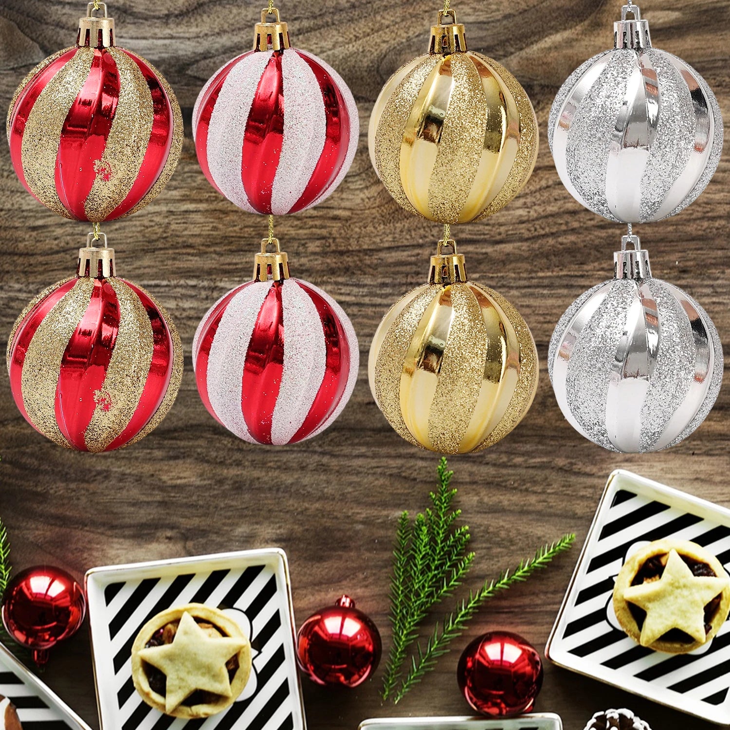 Ensemble de 6 boules de Noël en spirale décoratives sur fond festif