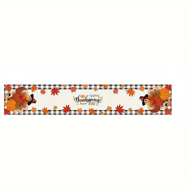 Bannière d'automne avec des feuilles d'érable rouges, des dindons et le texte "Happy Thanksgiving" sur un motif à carreaux noirs et blancs.