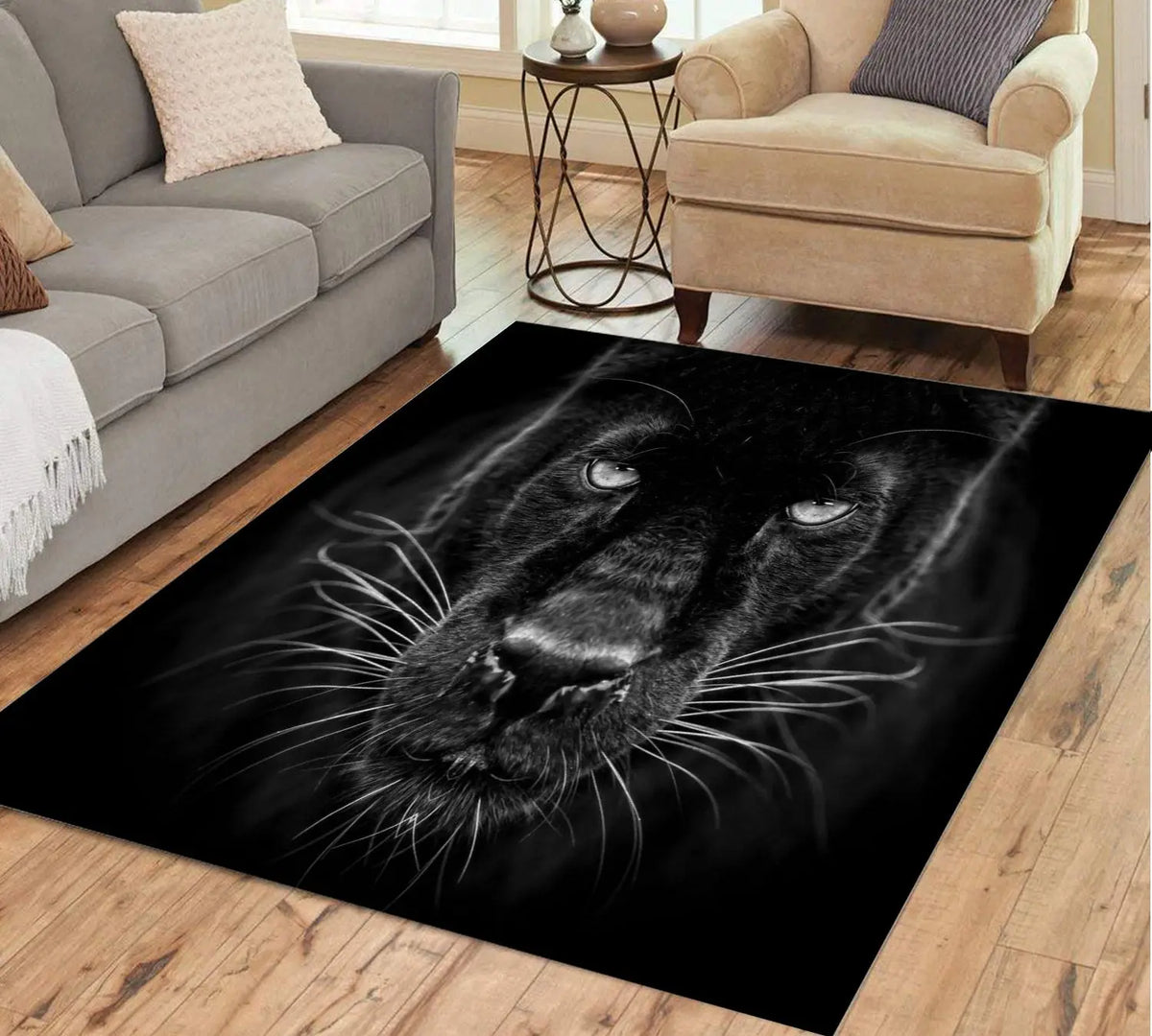 Détail du motif léopard sur tapis décoratif