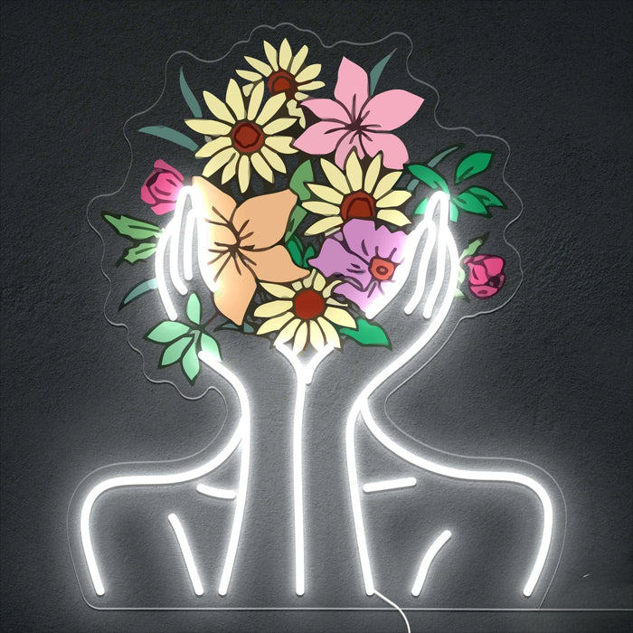 Enseigne au néon fleur femme tenant des fleurs - Décoration murale LED blanche