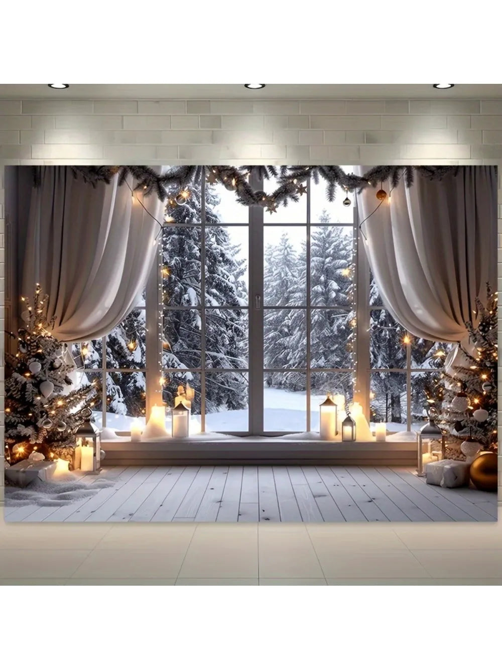 Fond de filet Noël fenêtre neige sapin polyester blanc