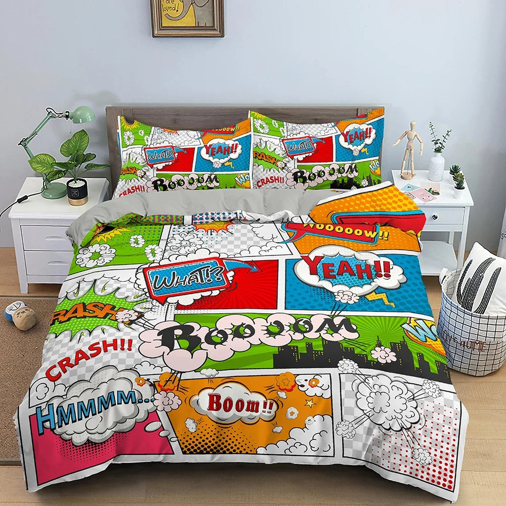 Housse de couette zippée motifs bande dessinée colorée sur un lit