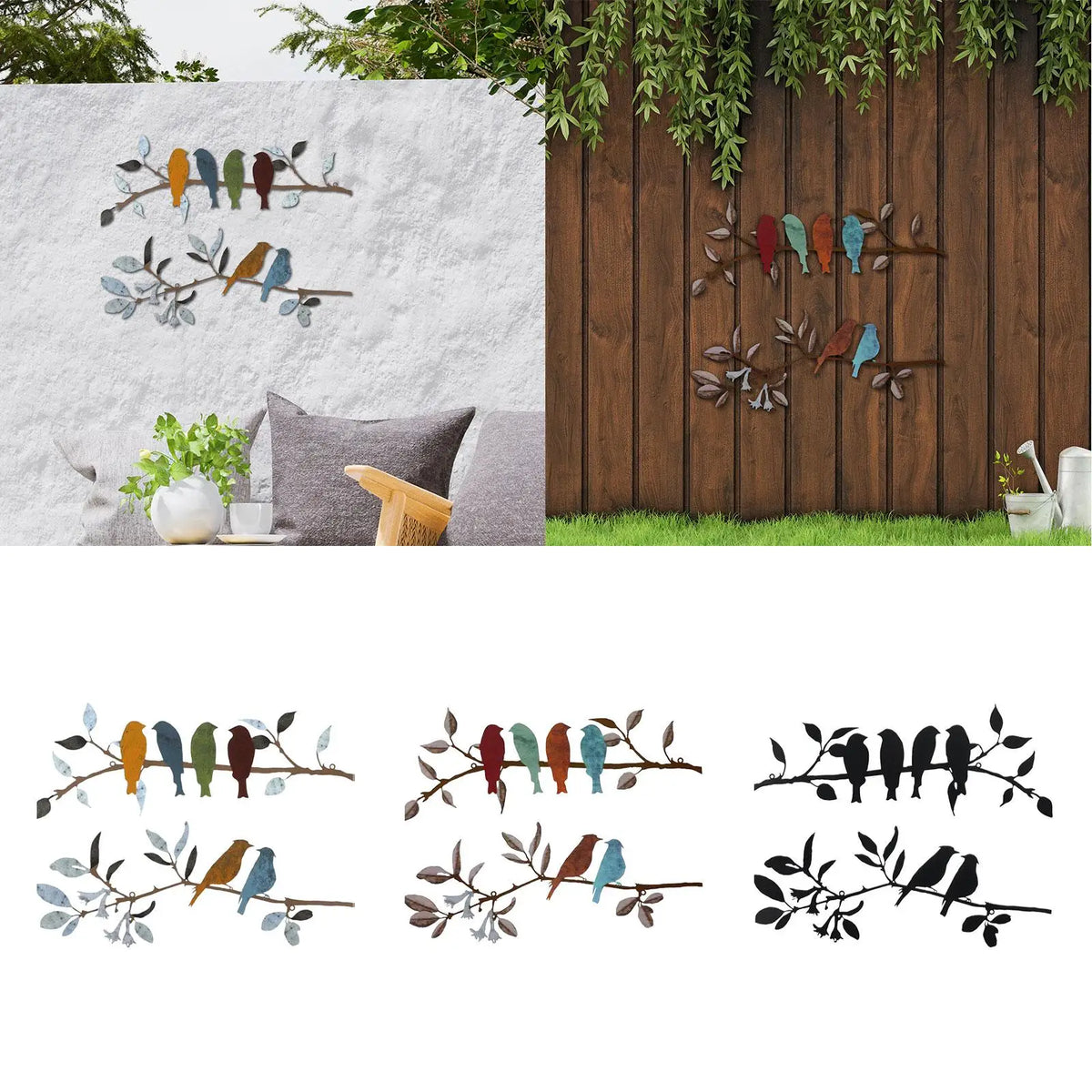 Décoration murale oiseaux en métal gris clair accrochée au mur