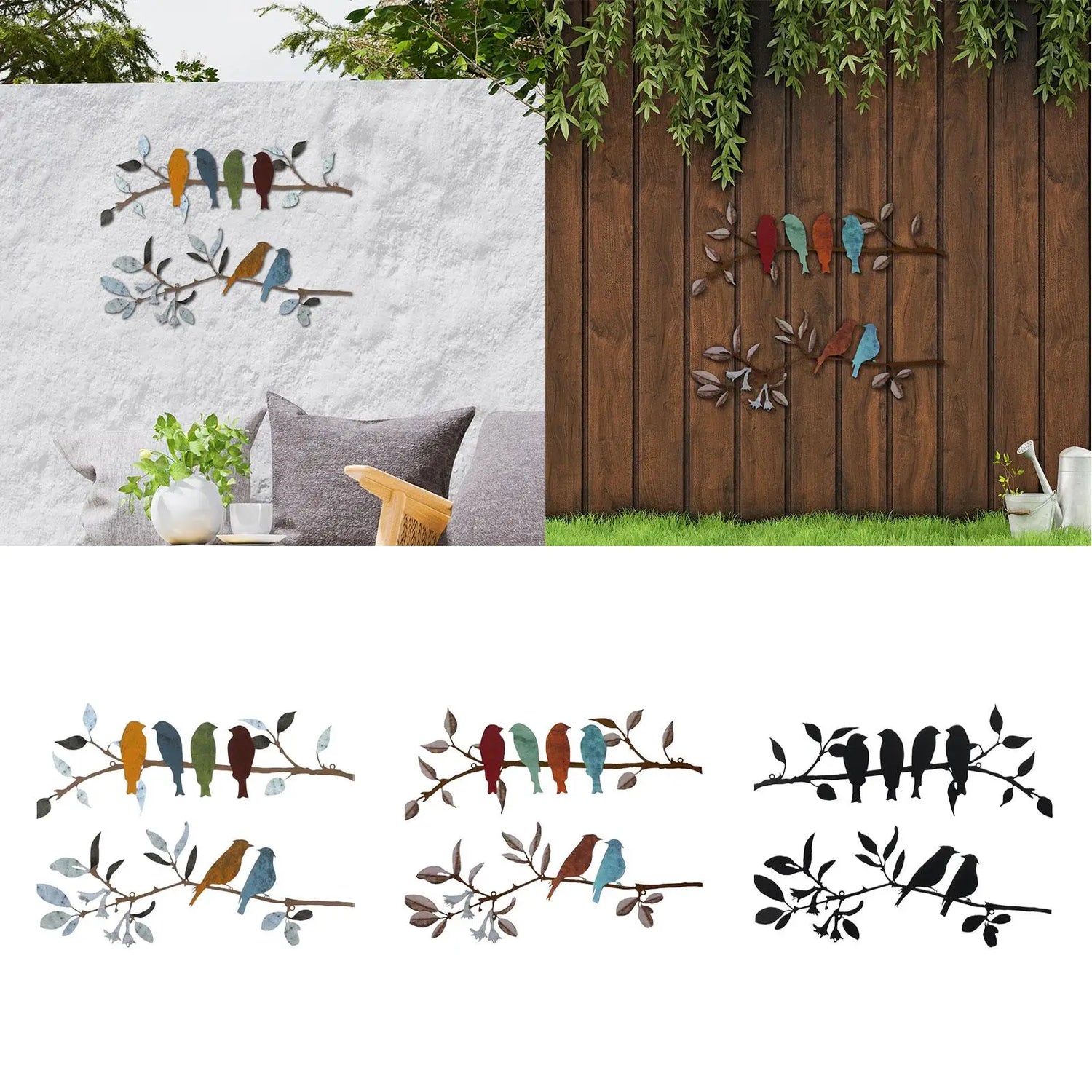 Décoration murale oiseaux en métal gris clair accrochée au mur