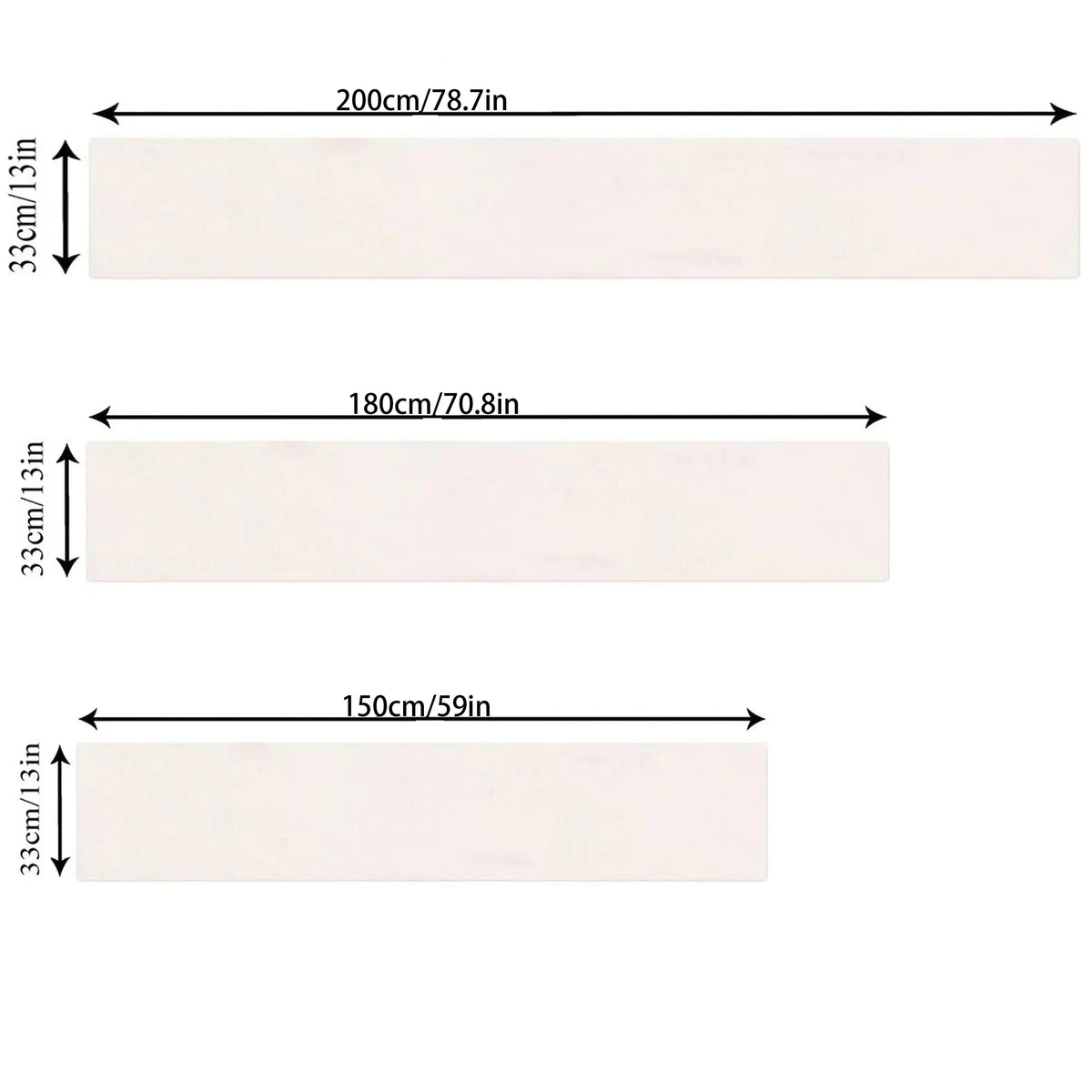 Illustration des dimensions d'un produit représentant un rectangle blanc de 200 cm de largeur sur 33 cm de hauteur, un autre de 180 cm de largeur sur 33 cm de hauteur, et un dernier de 150 cm de largeur sur 33 cm de hauteur.