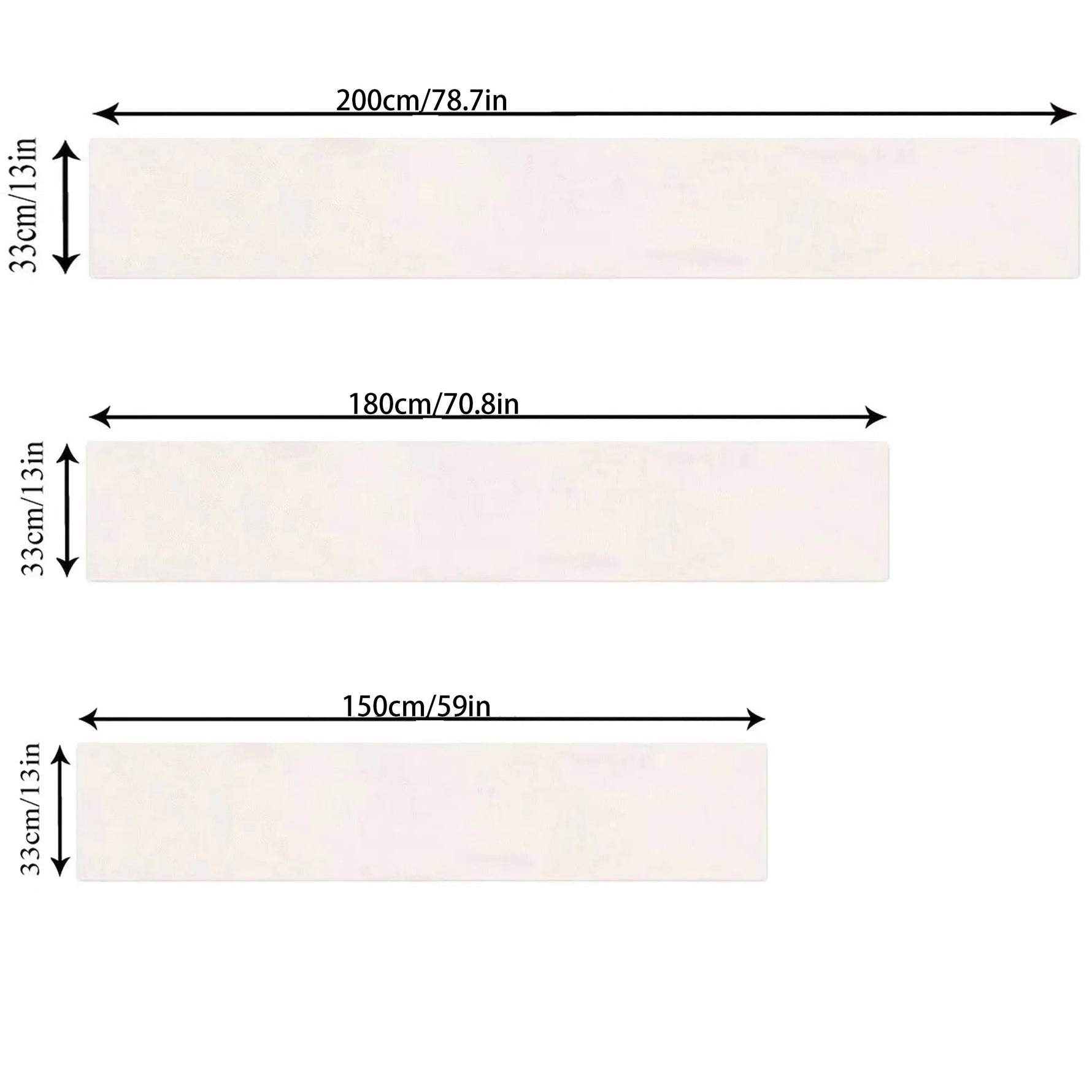 Illustration des dimensions d'un produit représentant un rectangle blanc de 200 cm de largeur sur 33 cm de hauteur, un autre de 180 cm de largeur sur 33 cm de hauteur, et un dernier de 150 cm de largeur sur 33 cm de hauteur.
