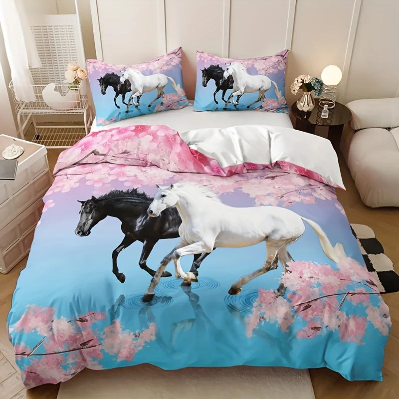 Housse de couette florale cheval 3D ensemble 3 pièces
