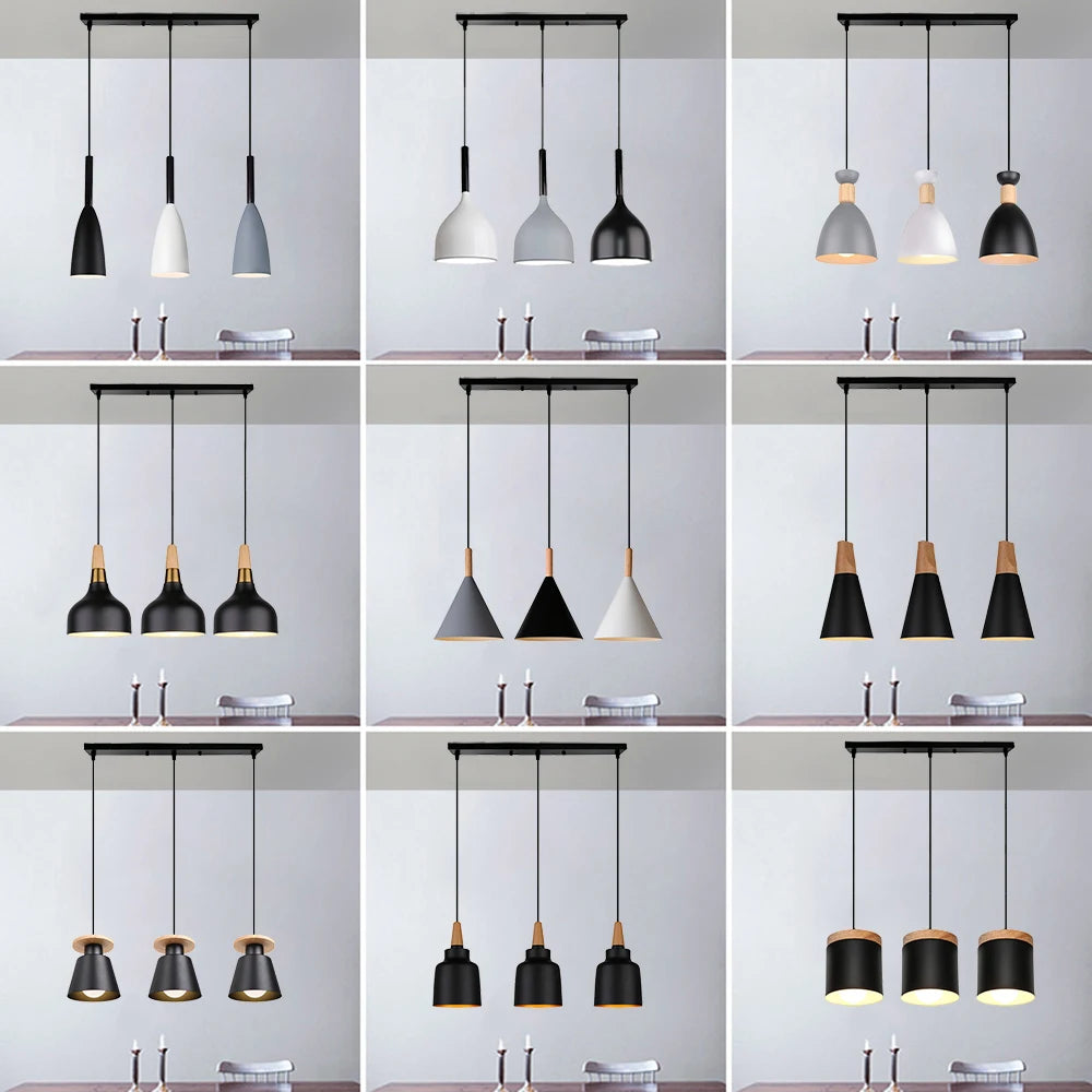 Lustre suspendu 3 lampes noir bois aluminium vu de face