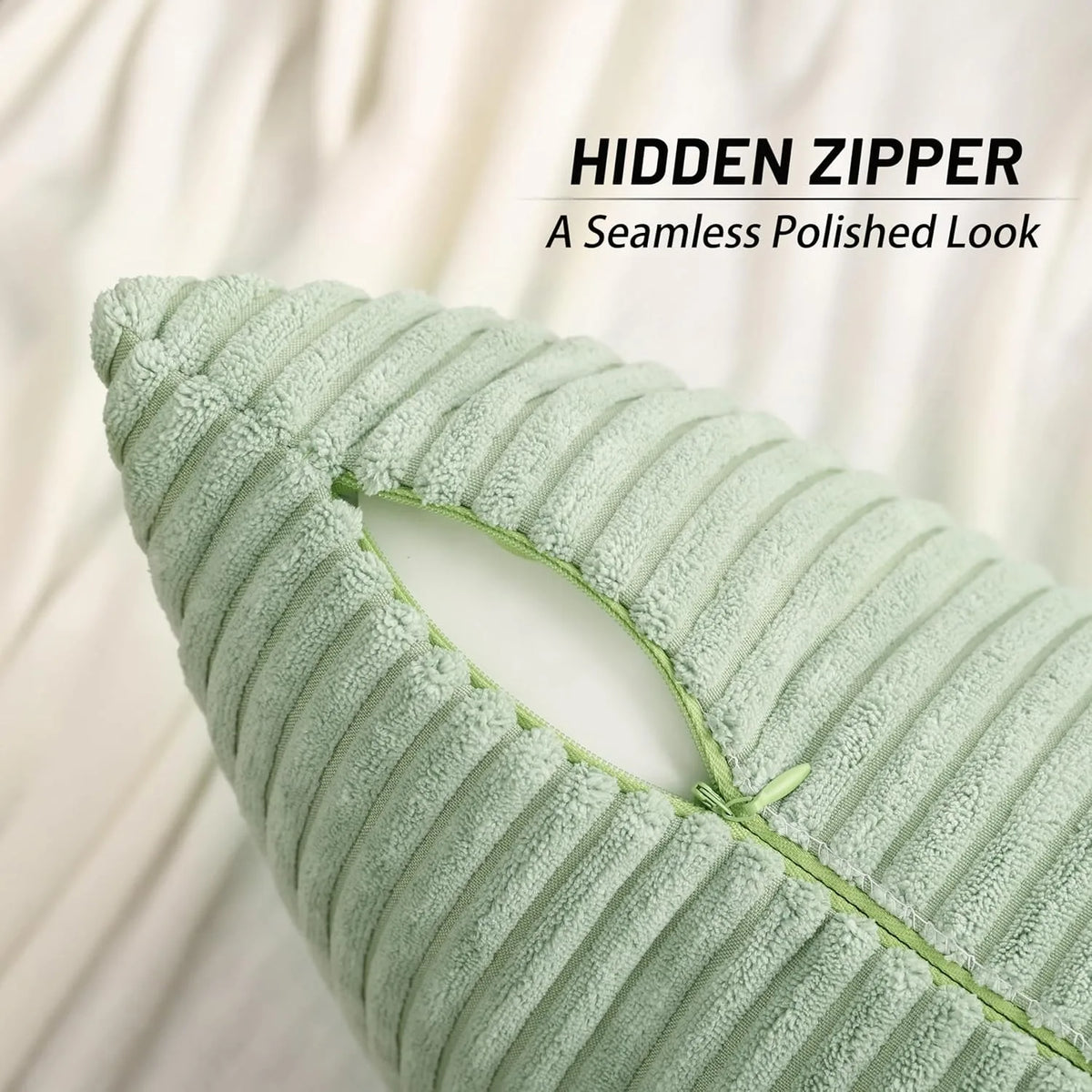 Détail fermeture à glissière invisible housse coussin vert sauge
