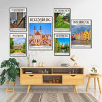 Magnifique collection d'affiches vintage représentant différentes villes d'Allemagne, mettant en valeur leurs attractions touristiques et leurs paysages pittoresques.