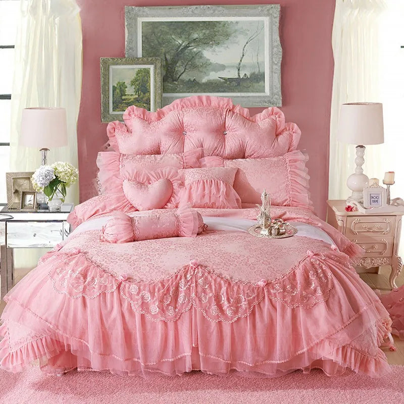 Ensemble housse de couette jacquard rose brodé 160x200