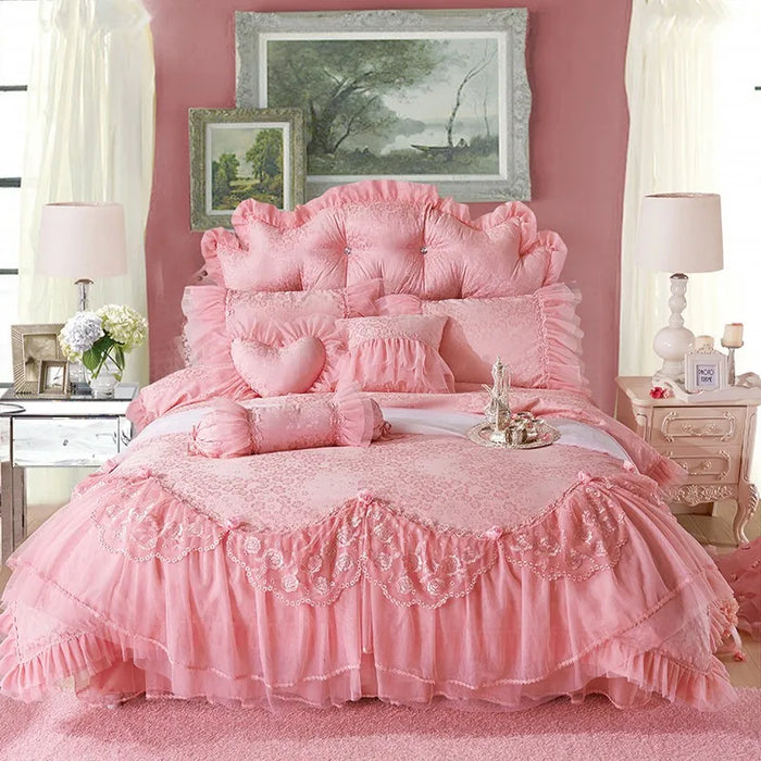Ensemble housse de couette jacquard rose brodé 160x200