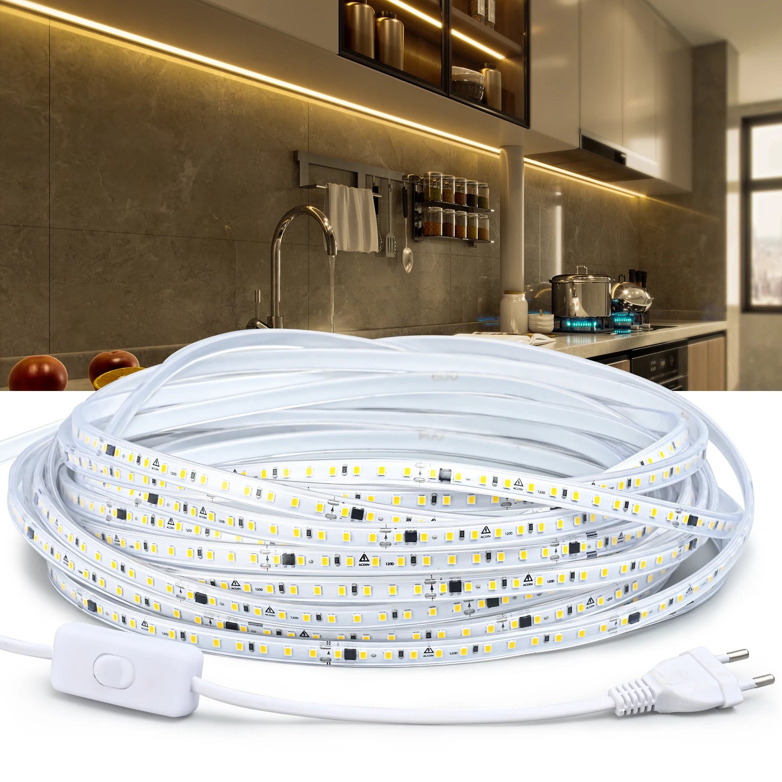 Ruban LED étanche 220V blanc chaud pour cuisine