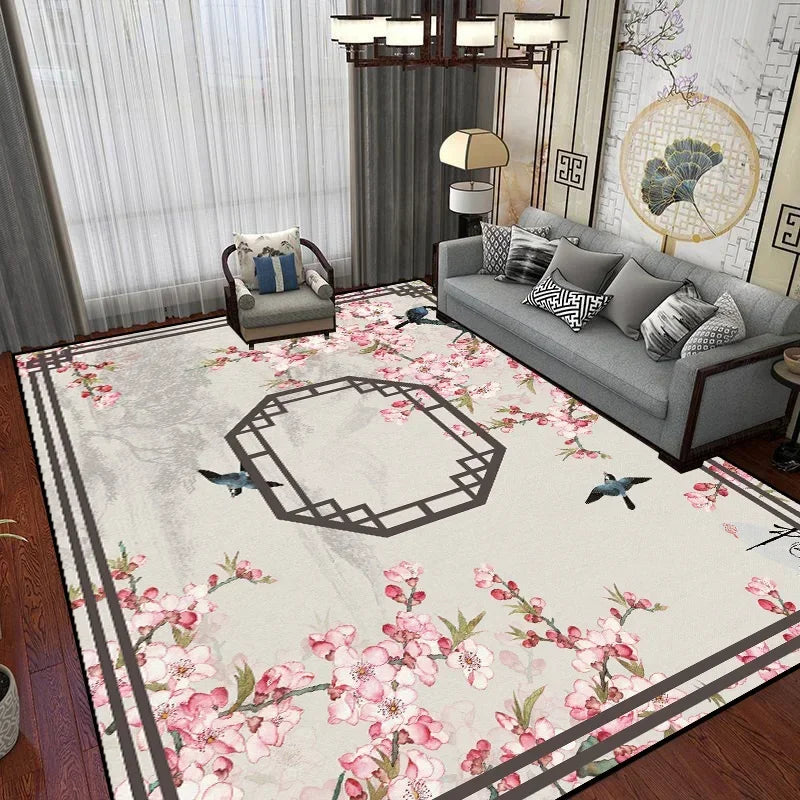 Tapis rouge 200x300 cm placé dans un salon avec canapé et table basse