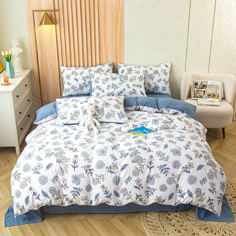 Housse de couette imprimée fleurs coton lavé prune