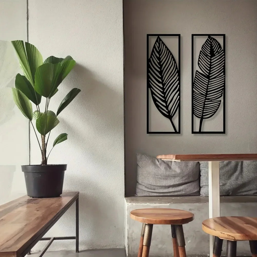 Lot de 2 feuilles décoratives en métal noir pour décoration murale