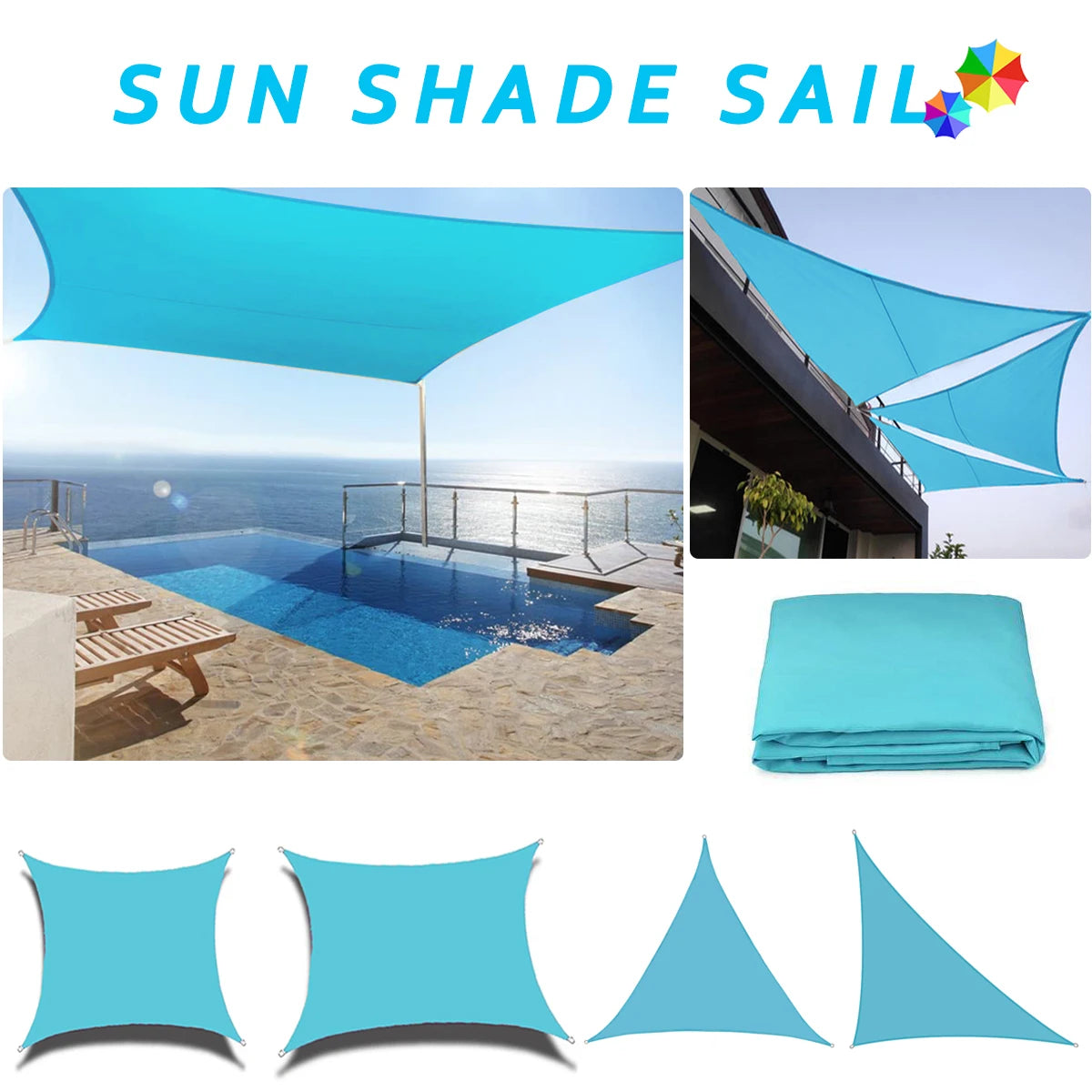 Voile d'ombrage imperméable bleu ciel installée sur une terrasse