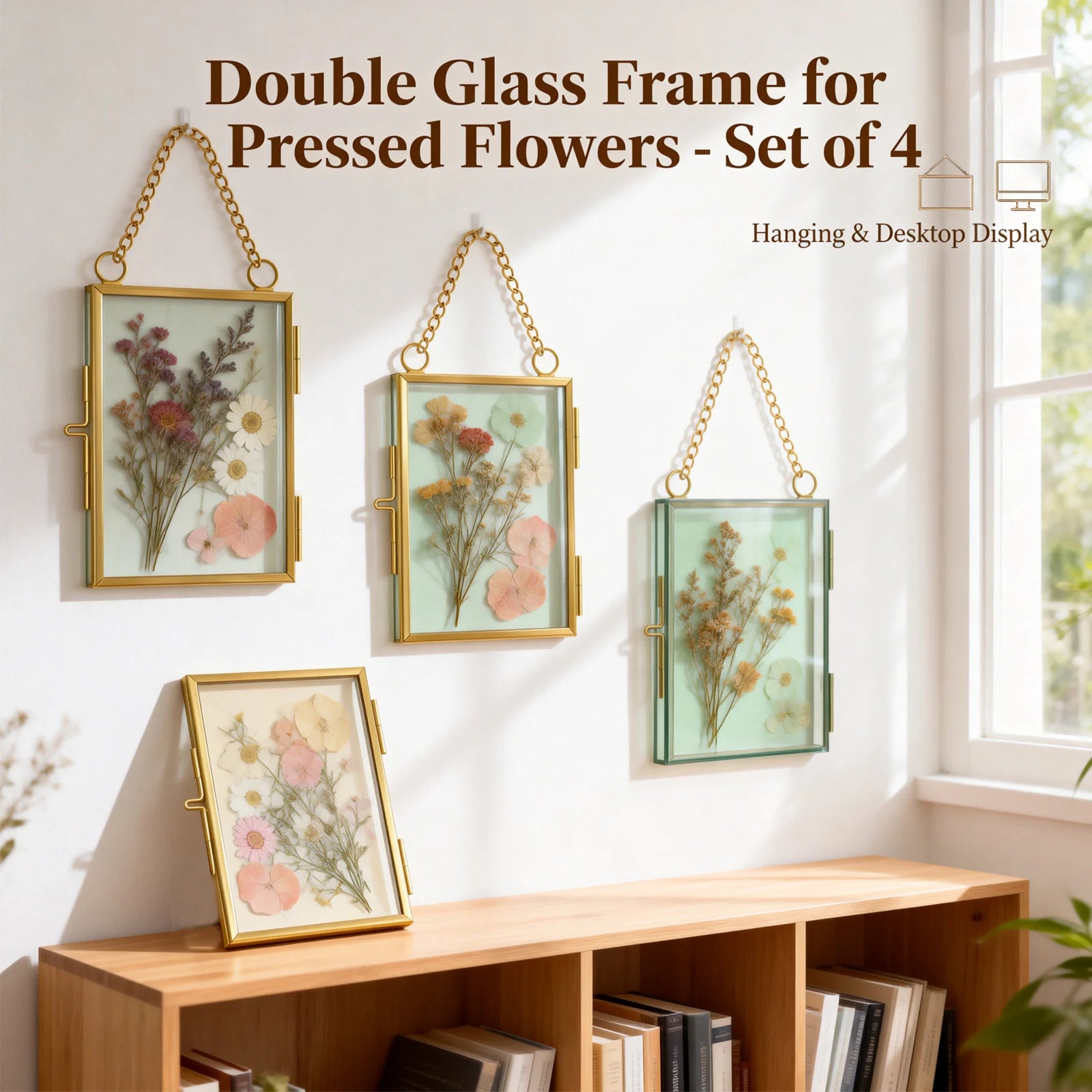 Cadre photo en verre flottant blanc suspendu au mur avec fleurs pressées