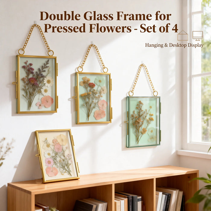 Cadre photo en verre flottant blanc suspendu au mur avec fleurs pressées