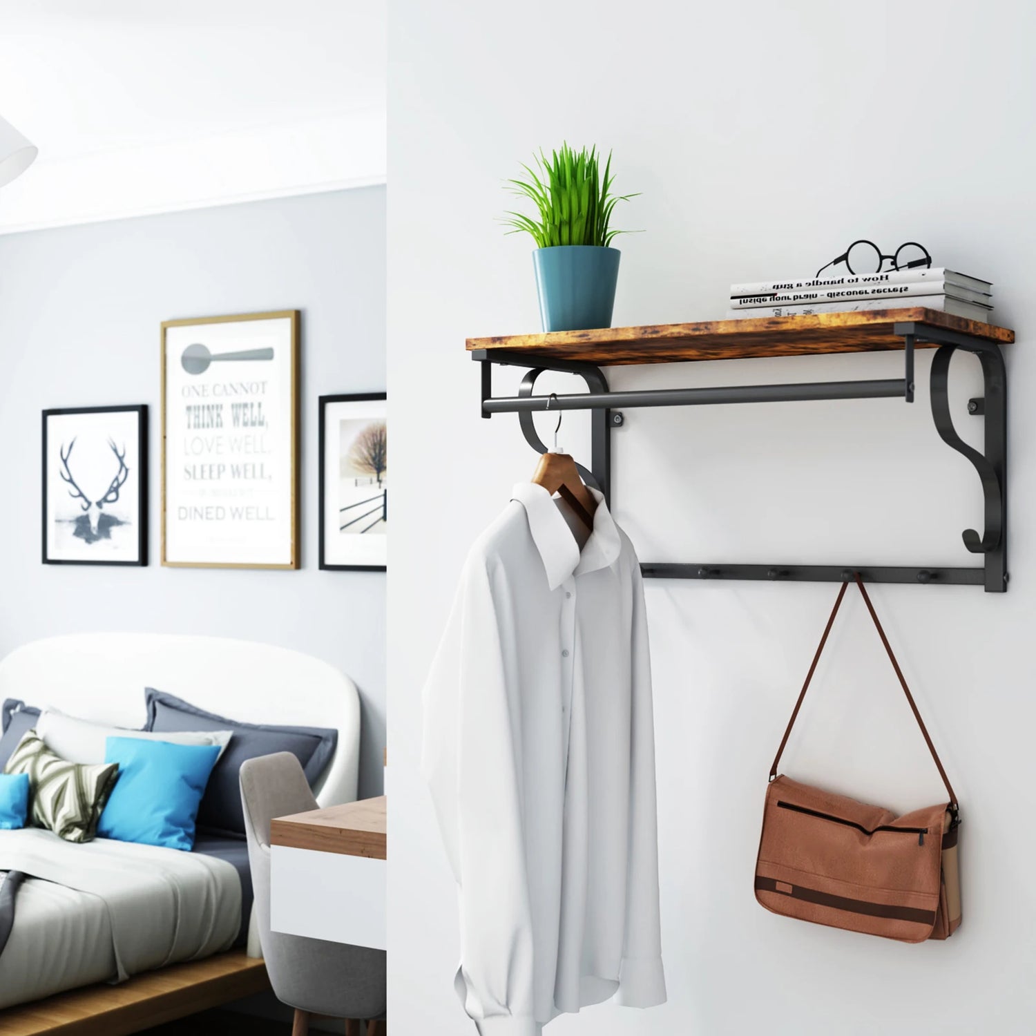 Porte-manteau mural installé dans un couloir avec manteaux et accessoires