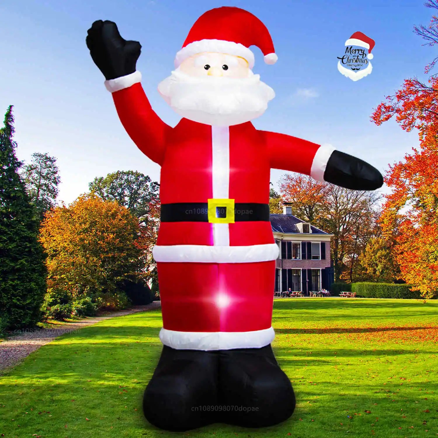 Père Noël gonflable géant rouge avec LED dans un jardin enneigé