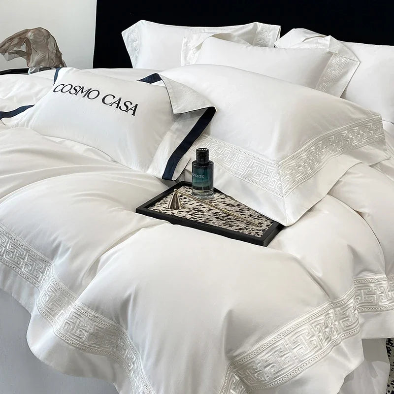Parure de lit 100% coton égyptien blanc broderie luxe
