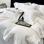 Parure de lit 100% coton égyptien blanc broderie luxe