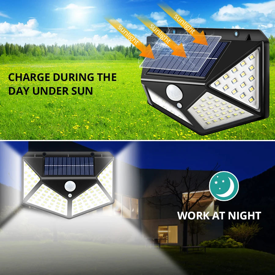 Lampe solaire allumée la nuit dans un jardin avec détection de mouvement