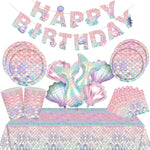 Ensemble décoration anniversaire sirène avec assiettes, gobelets, nappe et ballons