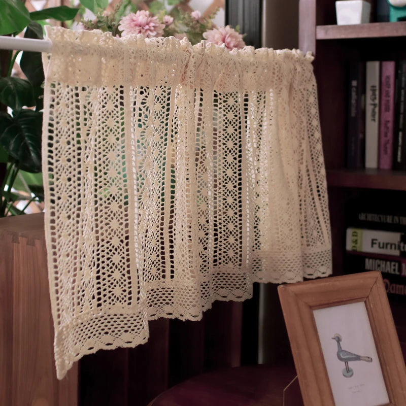 Shabby chic short cotton crochet curtains for the living room and kitchen