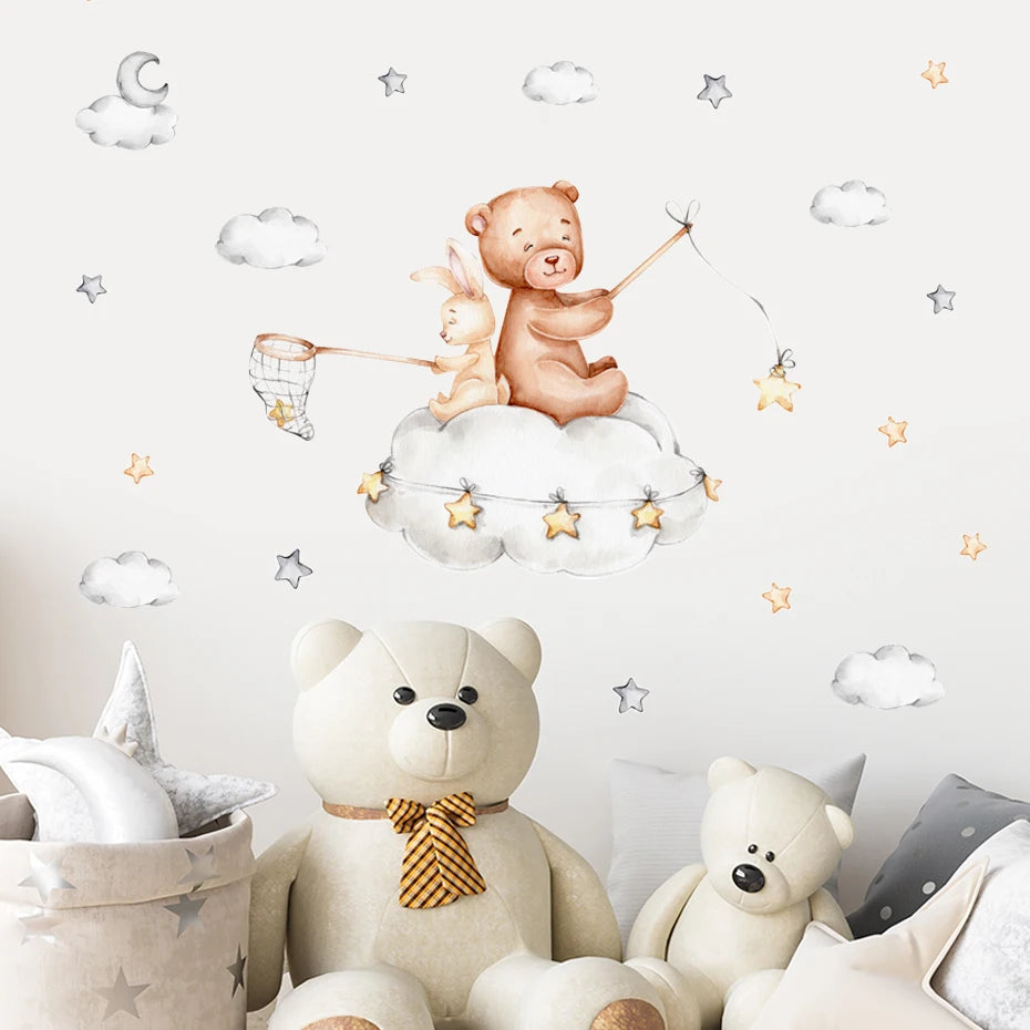 Décoration murale bébé ours lune étoiles rose