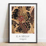 Cette affiche décorative présente une illustration de style moderne ornée de motifs floraux abstraits en teintes de beige, de rouge et de noir, ainsi que du nom de l'artiste E.A. Séguy et du titre de l'œuvre "Samarkande" datée de 1914.