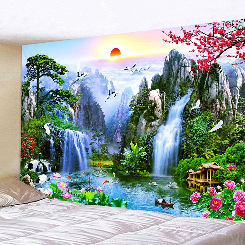 Tapisserie murale paysage montagne cascade coucher de soleil