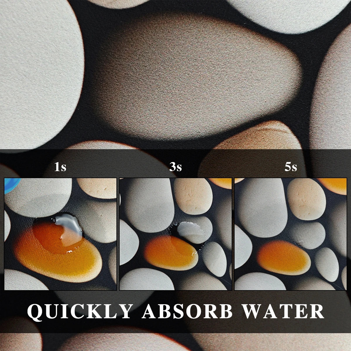 L'image montre comment le produit absorbe rapidement l'eau, illustré par une série d'images montrant la progression de l'absorption de l'eau dans un objet poreux et absorbant.
