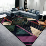 Un tapis aux motifs géométriques colorés, évoquant un style art déco moderne, ajoutant une touche de sophistication et d'élégance à cette pièce.