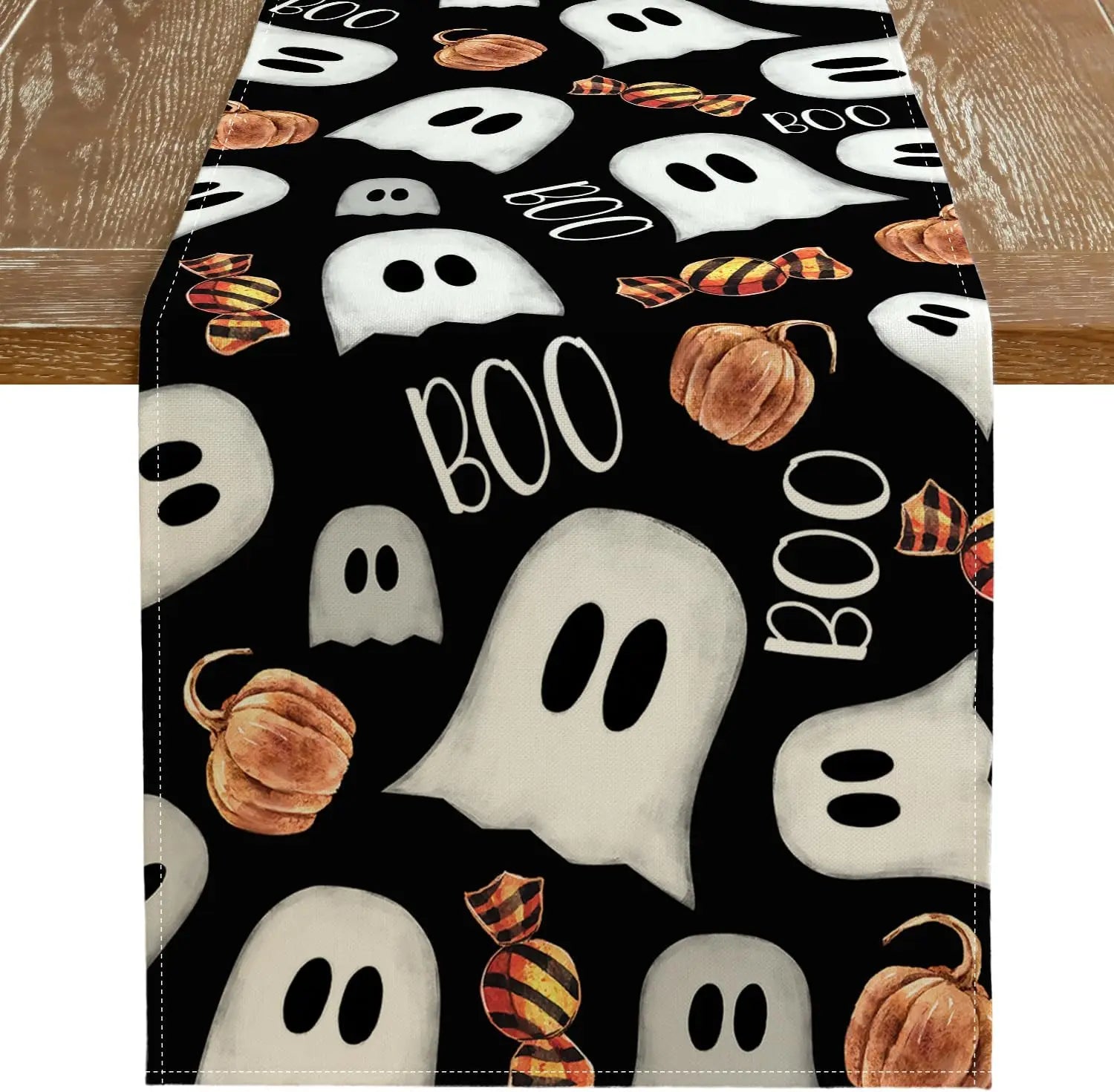 Une pleine image de motifs d'Halloween avec des fantômes blancs et des citrouilles orange sur un fond noir.