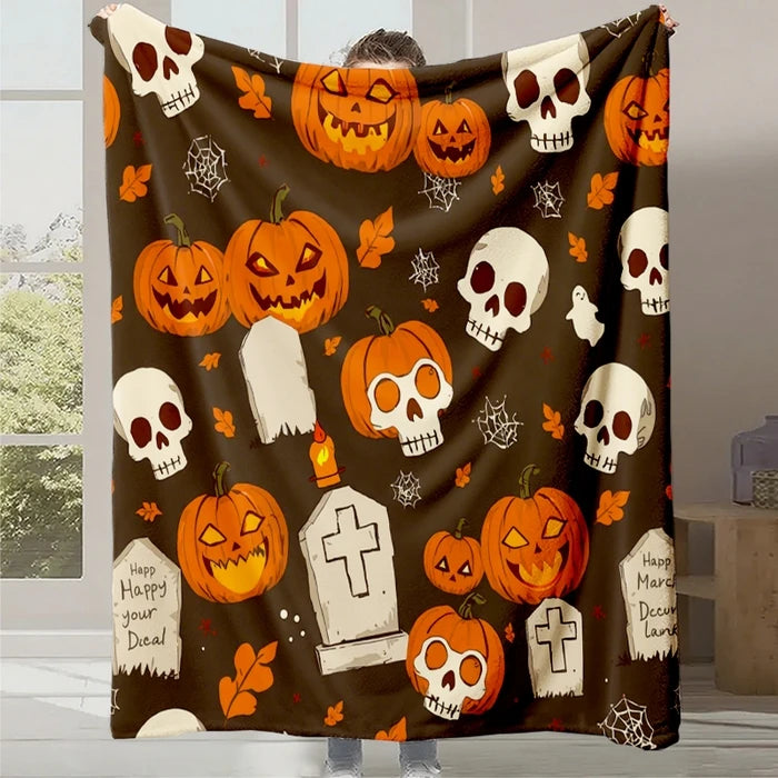 L'image représente un motif répété de citrouilles d'Halloween, de crânes et de pierres tombales sur un fond brun, créant une ambiance festive et effrayante pour la période d'Halloween.