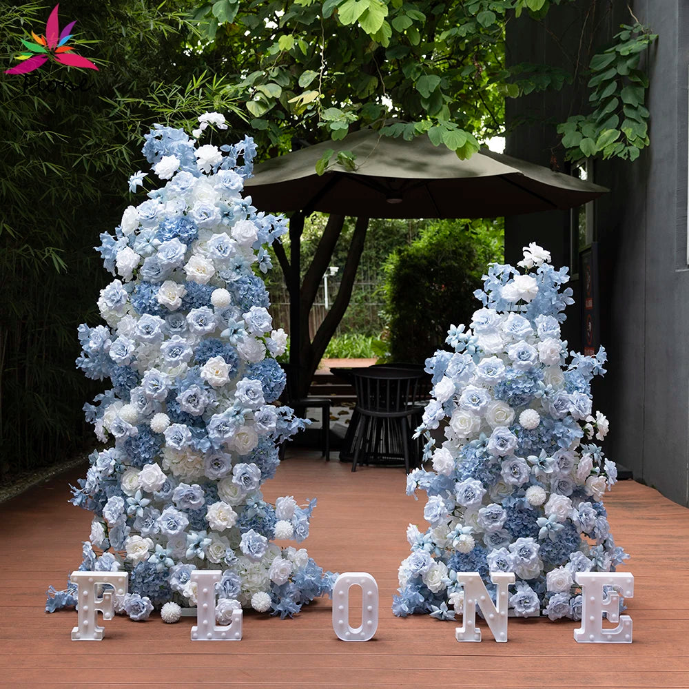 Fleurs artificielles bleues et blanches en soie pour décoration d'anniversaire