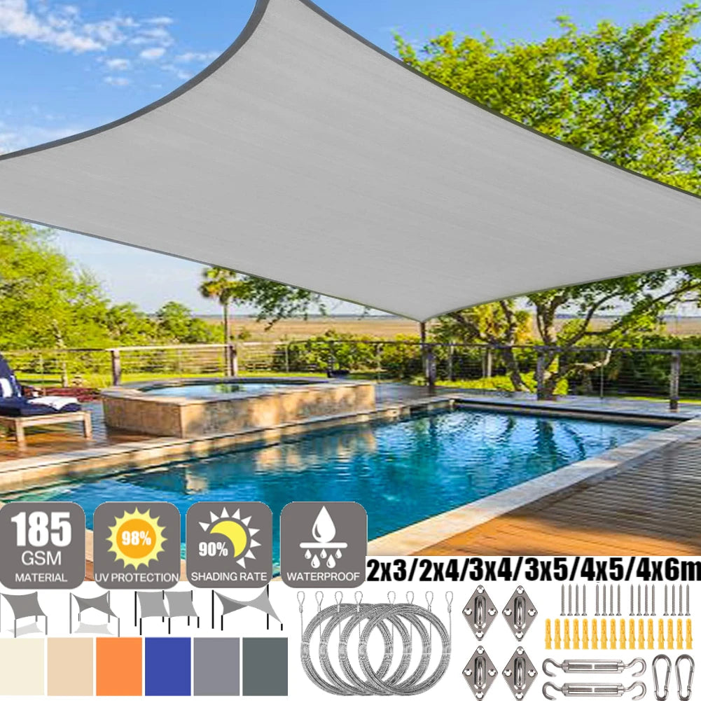 Voile d'ombrage rectangulaire blanche sur une terrasse