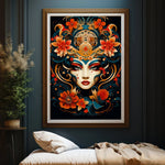 Une œuvre d'art sophistiquée représentant un visage féminin orné de motifs floraux et de symboles ésotériques, créant une impression fascinante et mystique.