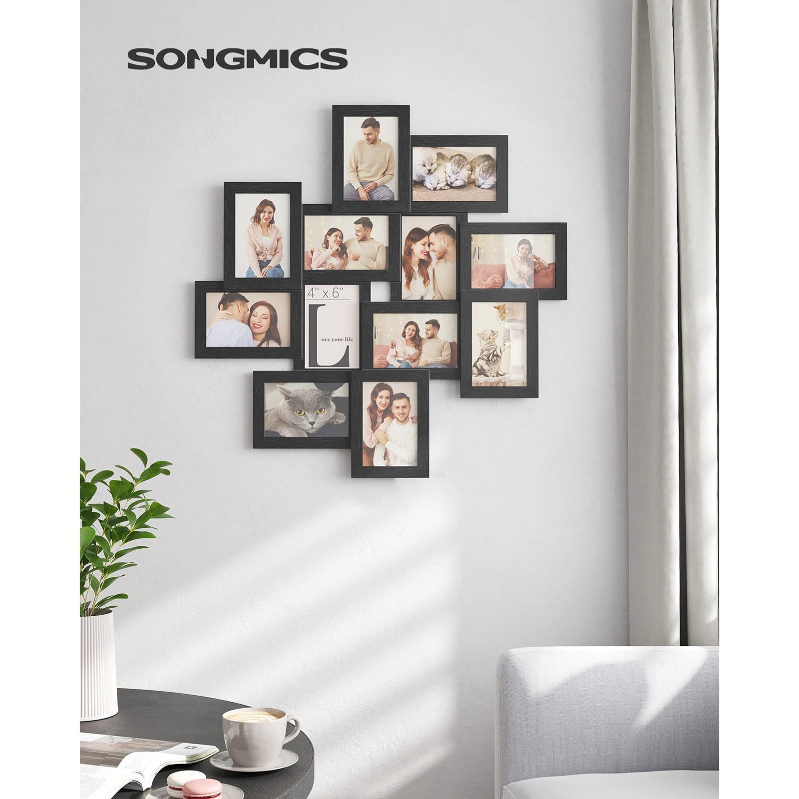 Cadre photo pêle-mêle mural noir avec 12 emplacements pour photos 10x15 cm