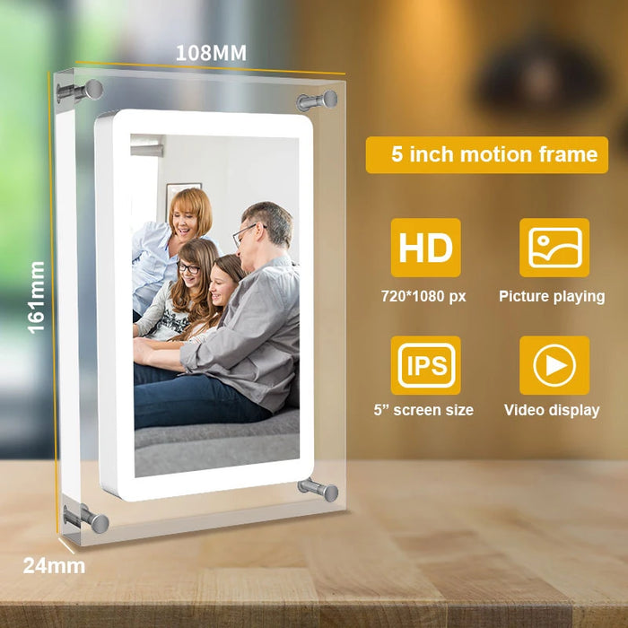 Cadre photo numérique acrylique 5 pouces avec écran IPS sur table en bois
